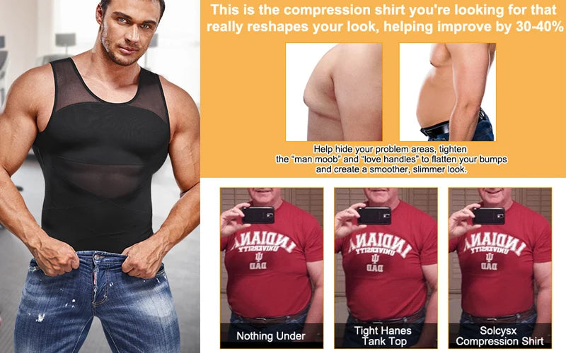 Men Compression Shirt Slimming Undershirt Body Shaper Chest Compression Tummy Control Tank Top Shapewear Underwear