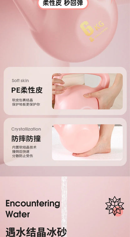 Soft kettlebells, women carrying kettlebells, deep squat strength training, soft bottomed kettlebells