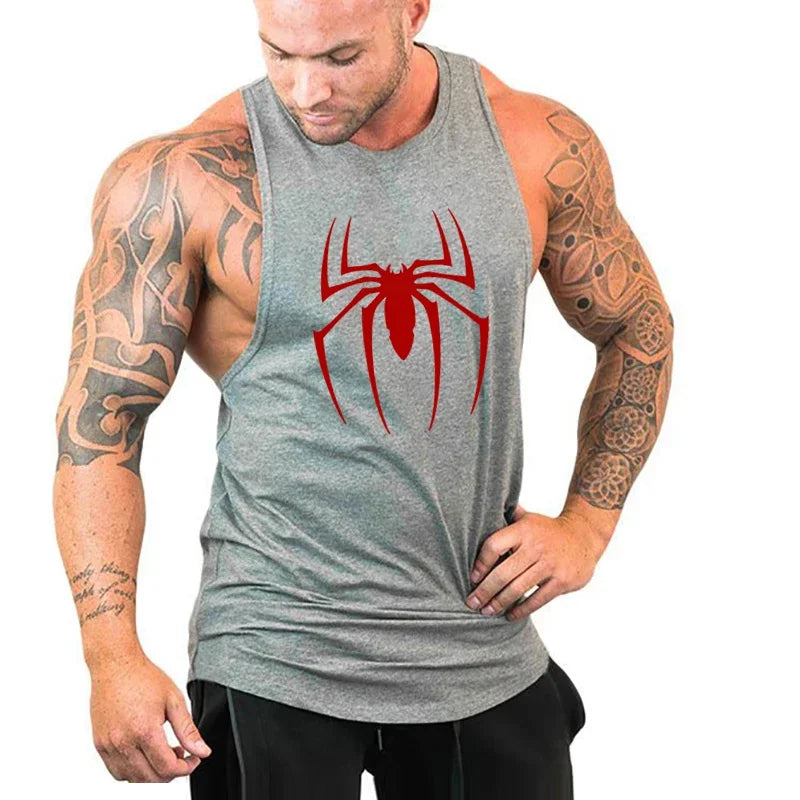 Red Spider Printed Running Tank Tops Gym Fitness Cotton Breathable Sleeveless T-Shirt Mens Bodybuilding Loose Training Clothing
