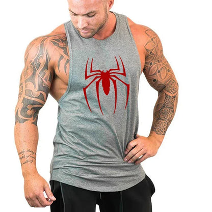 Red Spider Printed Running Tank Tops Gym Fitness Cotton Breathable Sleeveless T-Shirt Mens Bodybuilding Loose Training Clothing