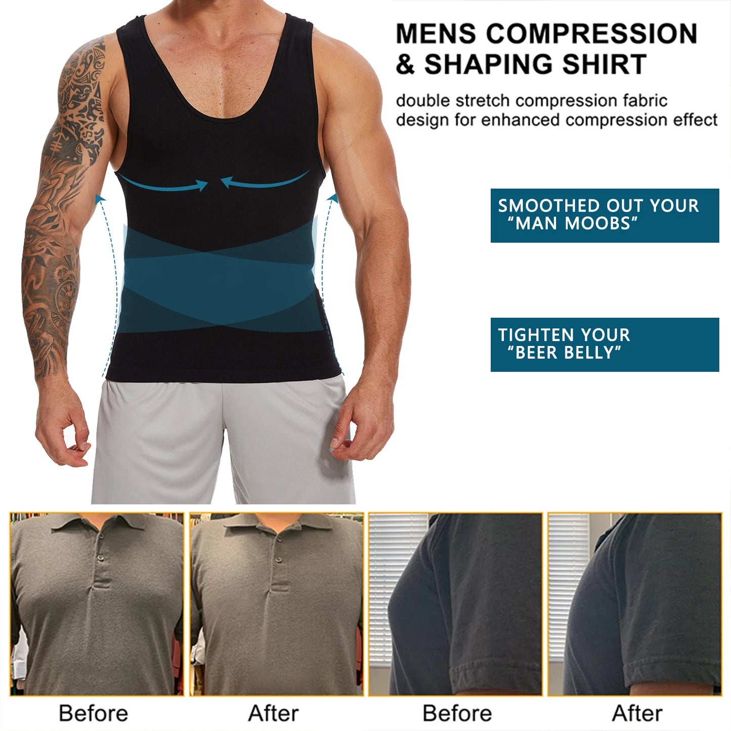 New Men's Shapewear Slimming Body Shaper Horizontal Stripe Compression Band Tummy Control T-Shirt Cross Elastic Workout Top