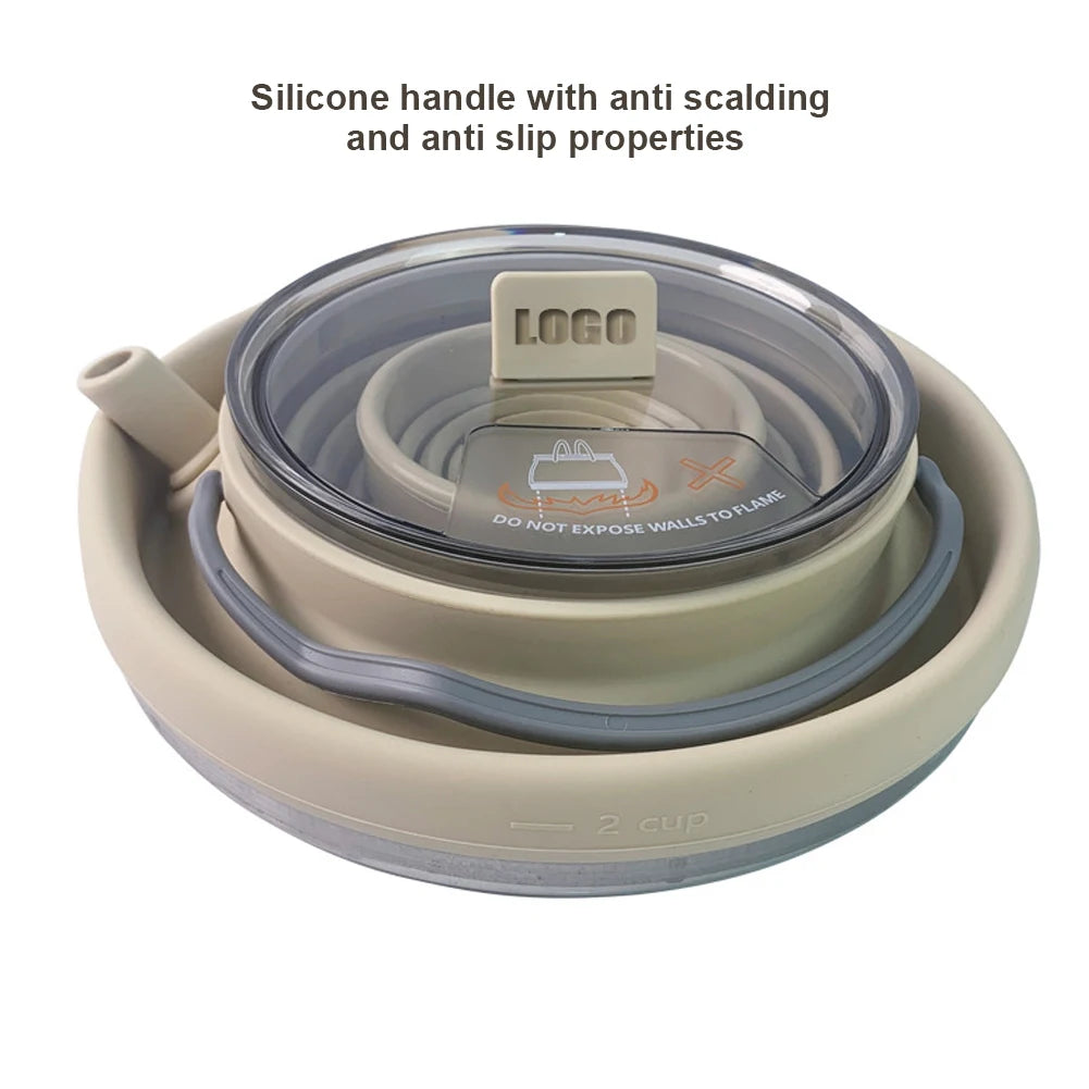 1.5/1L Foldable Silicone Kettle with Handle Outdoor Collapsible Kettle Stainless Steel Bottom Water Pot for Campting Backpacking