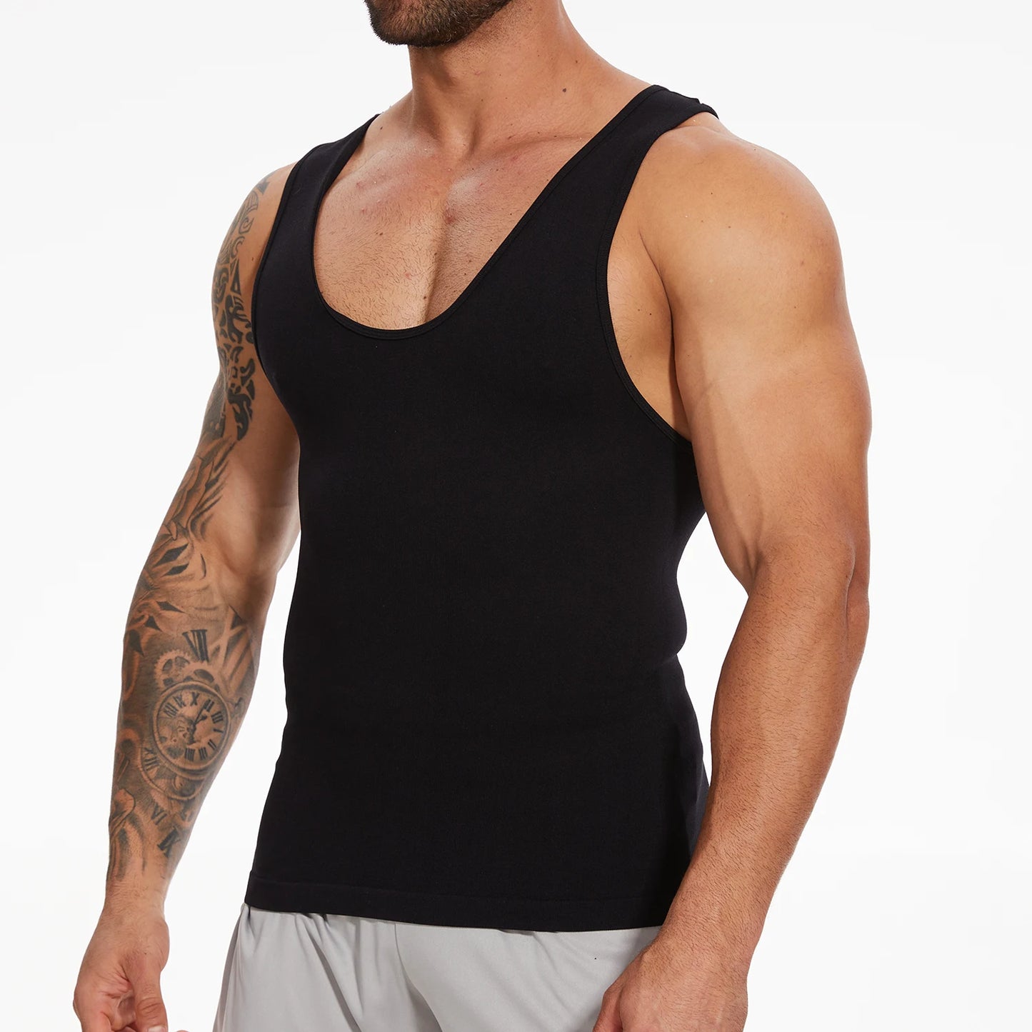 New Men's Shapewear Slimming Body Shaper Horizontal Stripe Compression Band Tummy Control T-Shirt Cross Elastic Workout Top