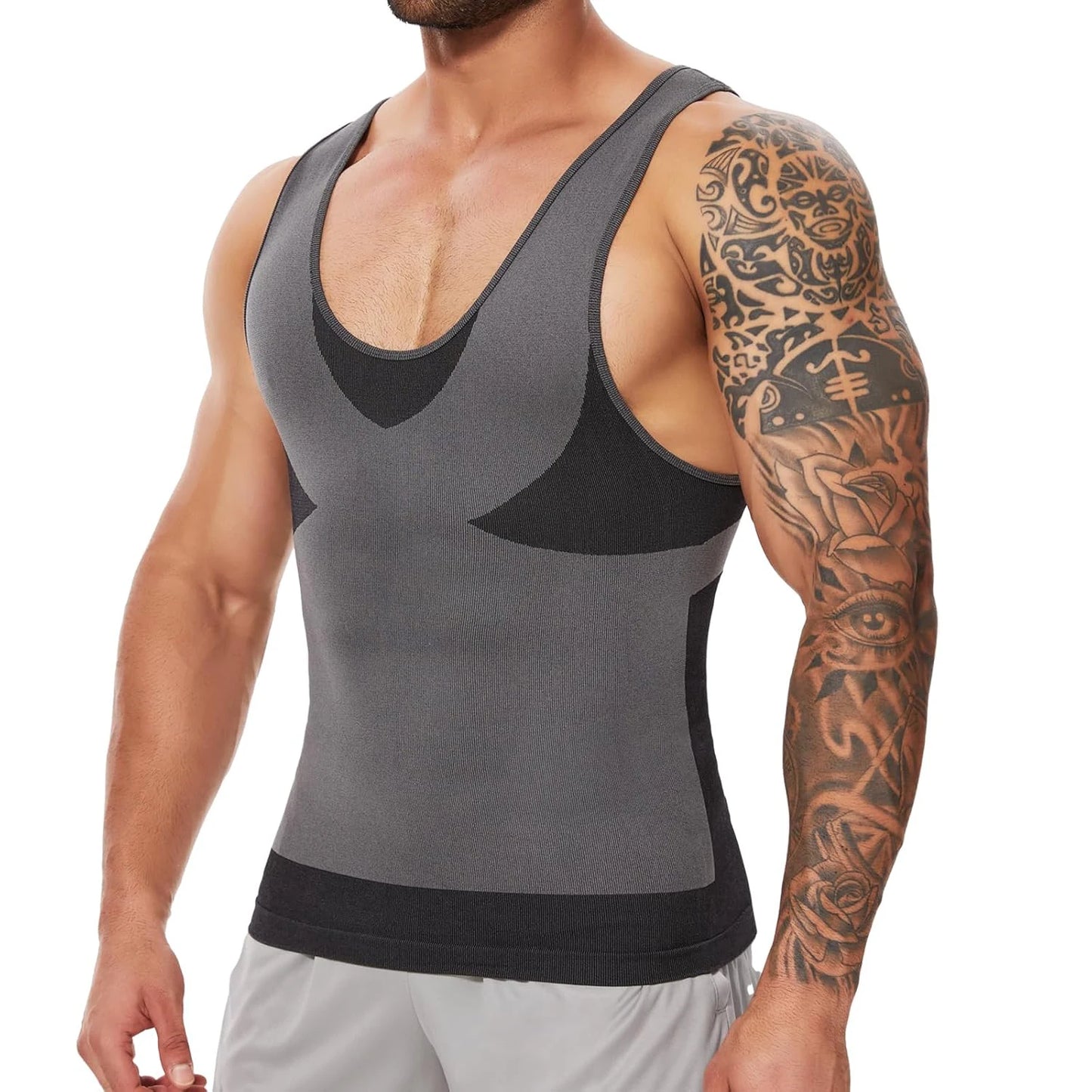 New Men's Shapewear Slimming Body Shaper Horizontal Stripe Compression Band Tummy Control T-Shirt Cross Elastic Workout Top