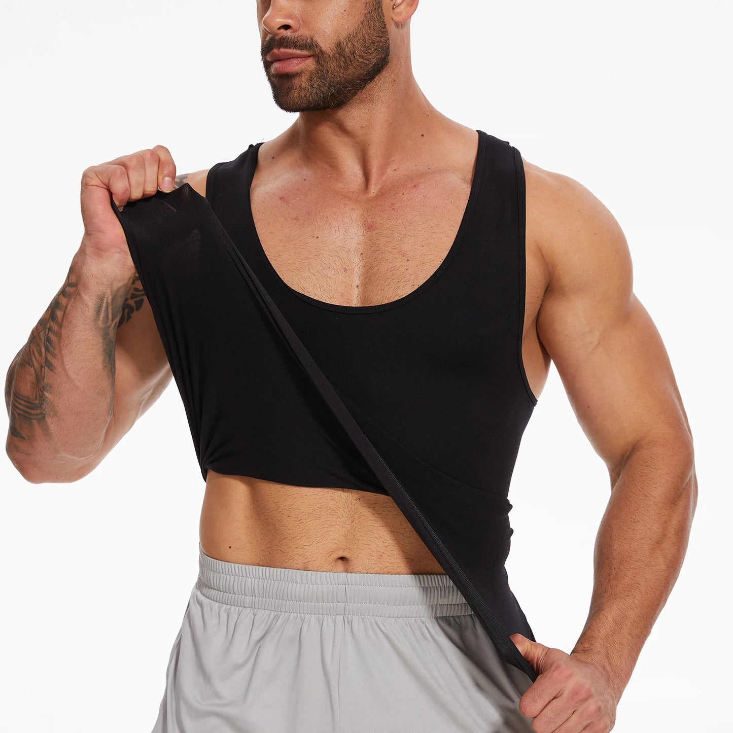 New Men's Shapewear Slimming Body Shaper Horizontal Stripe Compression Band Tummy Control T-Shirt Cross Elastic Workout Top