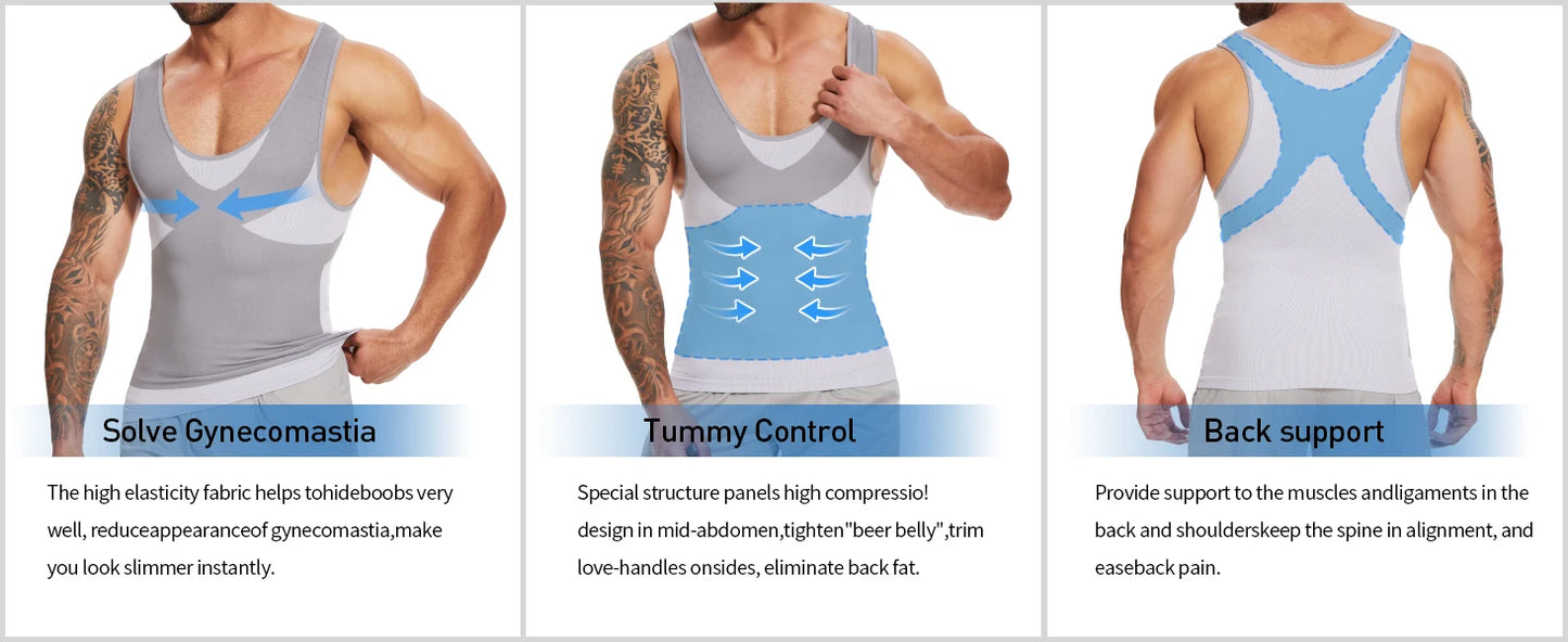 New Men's Shapewear Slimming Body Shaper Horizontal Stripe Compression Band Tummy Control T-Shirt Cross Elastic Workout Top