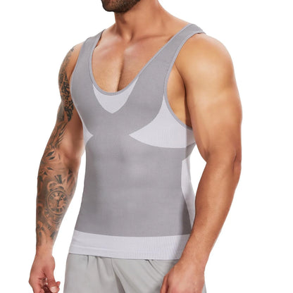 New Men's Shapewear Slimming Body Shaper Horizontal Stripe Compression Band Tummy Control T-Shirt Cross Elastic Workout Top