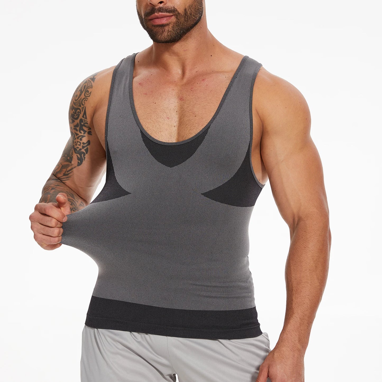 New Men's Shapewear Slimming Body Shaper Horizontal Stripe Compression Band Tummy Control T-Shirt Cross Elastic Workout Top