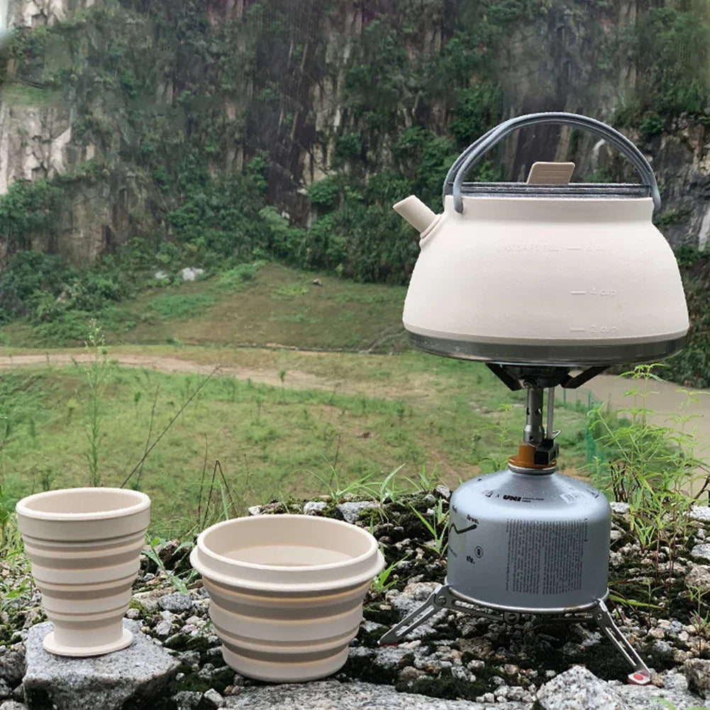 1.5/1L Foldable Silicone Kettle with Handle Outdoor Collapsible Kettle Stainless Steel Bottom Water Pot for Campting Backpacking