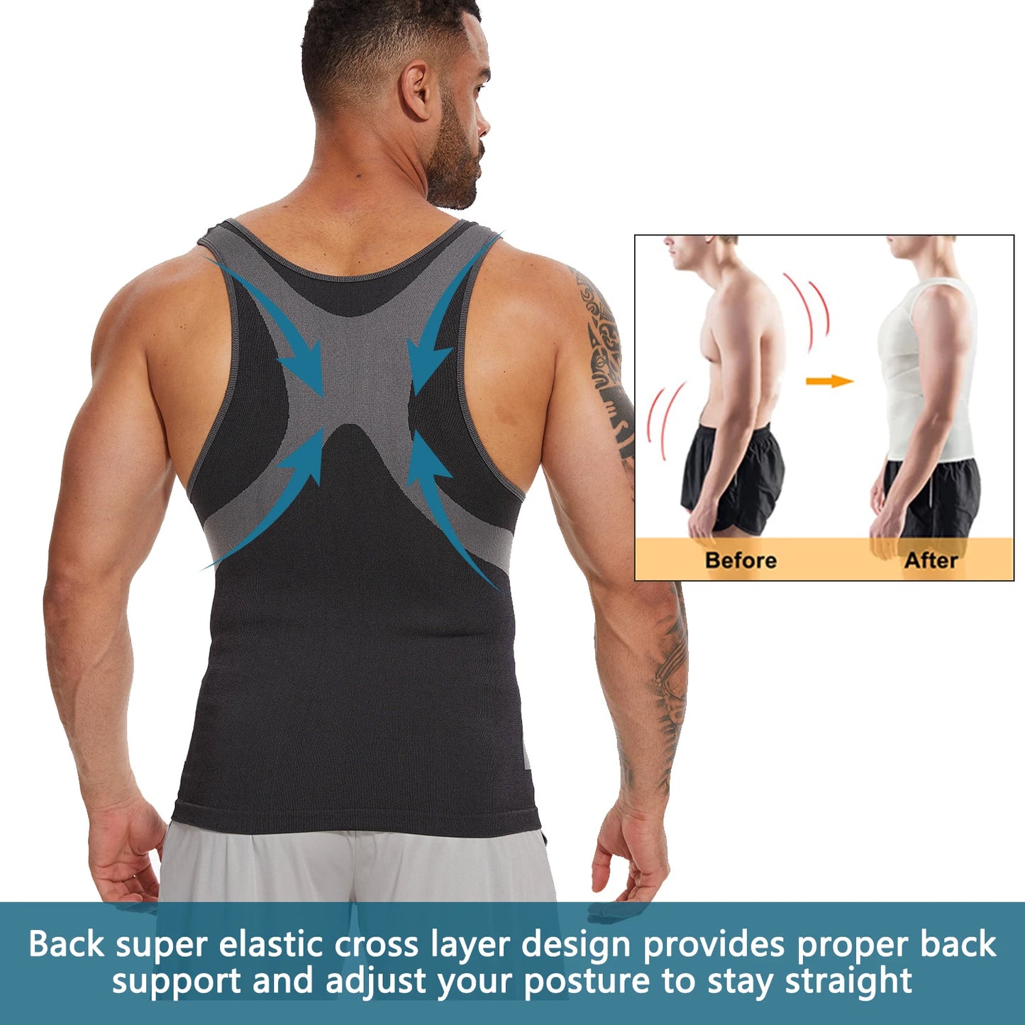 New Men's Shapewear Slimming Body Shaper Horizontal Stripe Compression Band Tummy Control T-Shirt Cross Elastic Workout Top