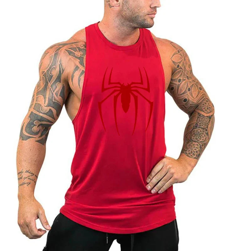Red Spider Printed Running Tank Tops Gym Fitness Cotton Breathable Sleeveless T-Shirt Mens Bodybuilding Loose Training Clothing