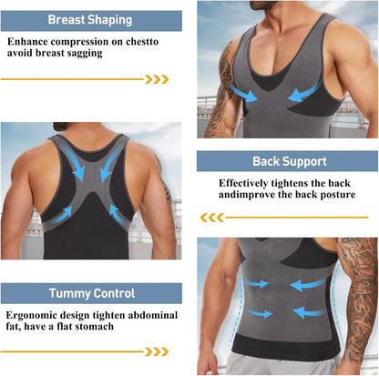 New Men's Shapewear Slimming Body Shaper Horizontal Stripe Compression Band Tummy Control T-Shirt Cross Elastic Workout Top