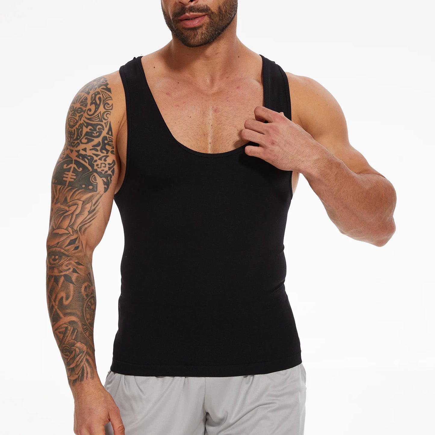 New Men's Shapewear Slimming Body Shaper Horizontal Stripe Compression Band Tummy Control T-Shirt Cross Elastic Workout Top