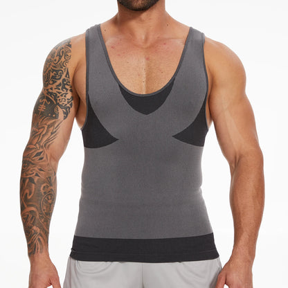 New Men's Shapewear Slimming Body Shaper Horizontal Stripe Compression Band Tummy Control T-Shirt Cross Elastic Workout Top