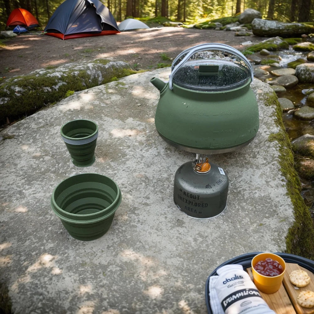 1.5/1L Foldable Silicone Kettle with Handle Outdoor Collapsible Kettle Stainless Steel Bottom Water Pot for Campting Backpacking