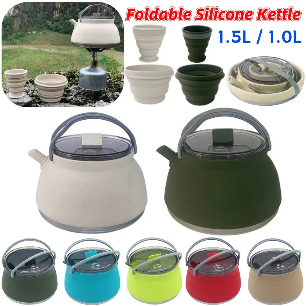 1.5/1L Foldable Silicone Kettle with Handle Outdoor Collapsible Kettle Stainless Steel Bottom Water Pot for Campting Backpacking