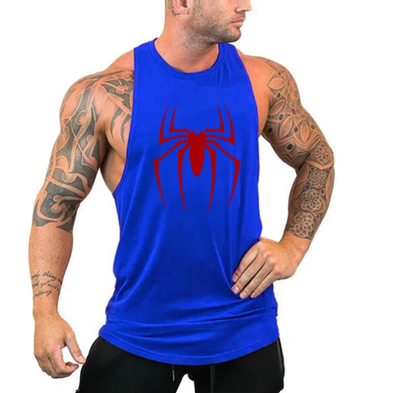 Red Spider Printed Running Tank Tops Gym Fitness Cotton Breathable Sleeveless T-Shirt Mens Bodybuilding Loose Training Clothing