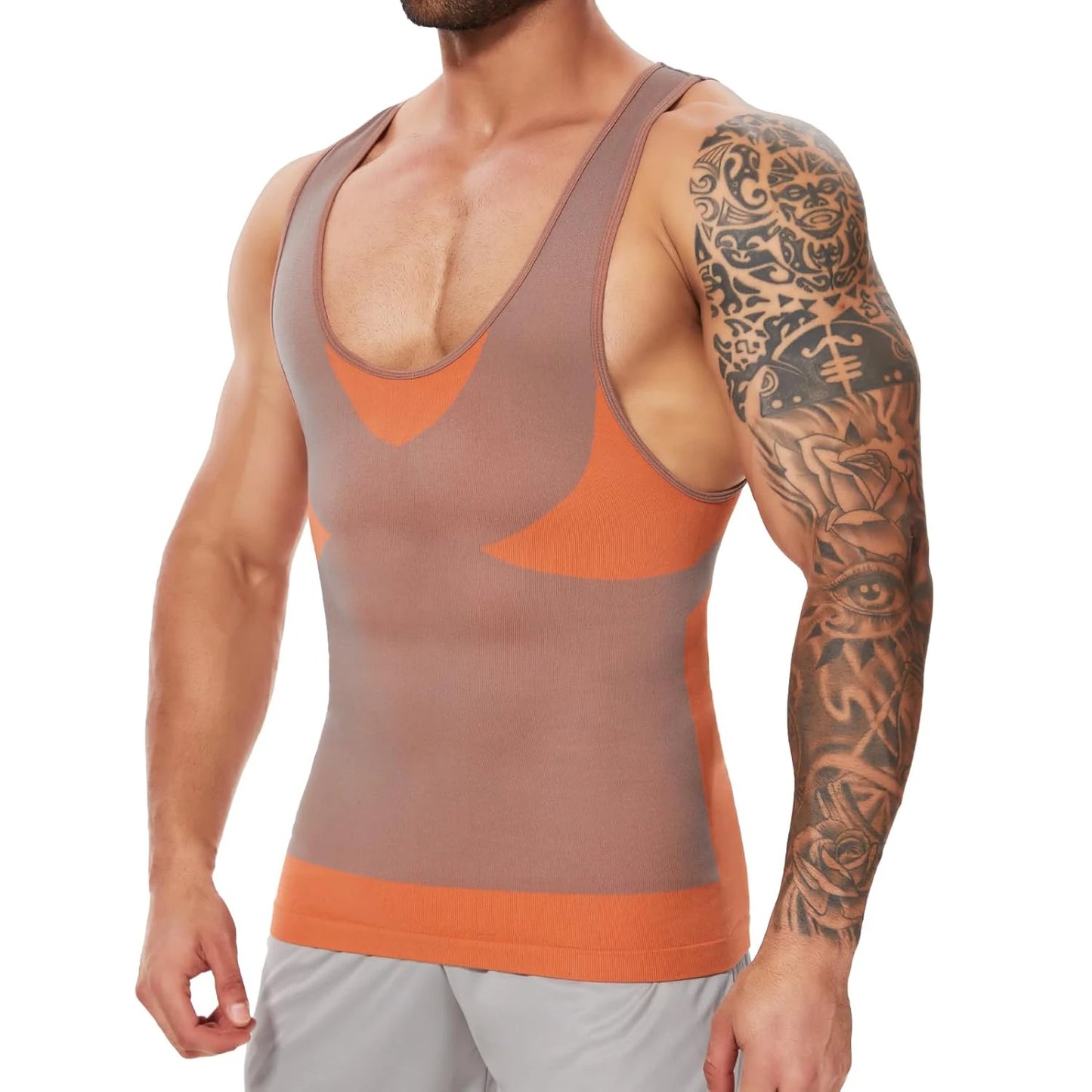 New Men's Shapewear Slimming Body Shaper Horizontal Stripe Compression Band Tummy Control T-Shirt Cross Elastic Workout Top