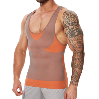 New Men's Shapewear Slimming Body Shaper Horizontal Stripe Compression Band Tummy Control T-Shirt Cross Elastic Workout Top