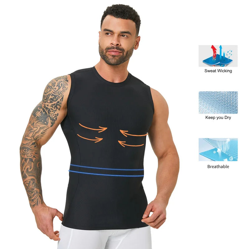 Men's ribbed shapewear vest, slim fitting shirt, breathable and comfortable exercise and fitness abdominal slimming sports vest