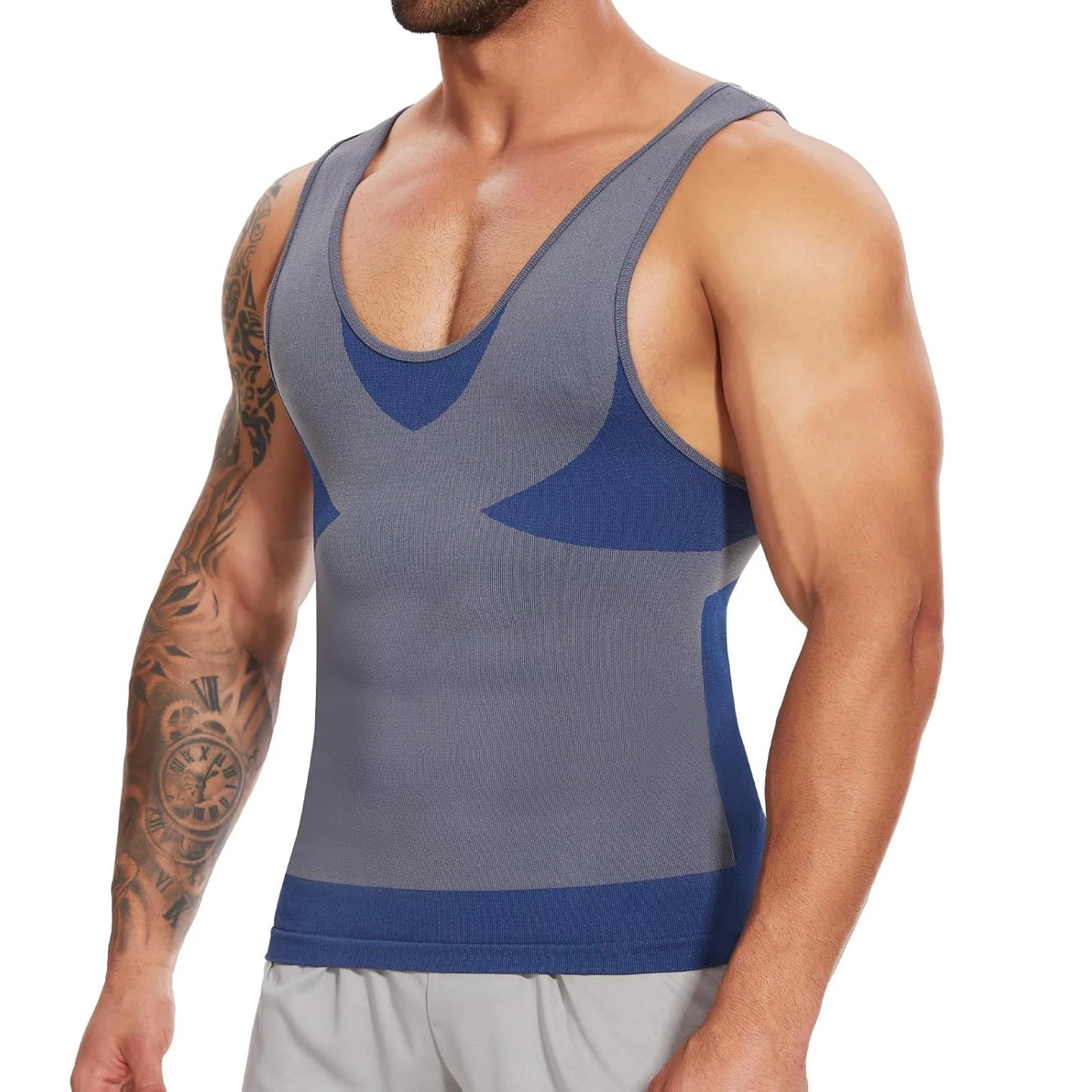 New Men's Shapewear Slimming Body Shaper Horizontal Stripe Compression Band Tummy Control T-Shirt Cross Elastic Workout Top