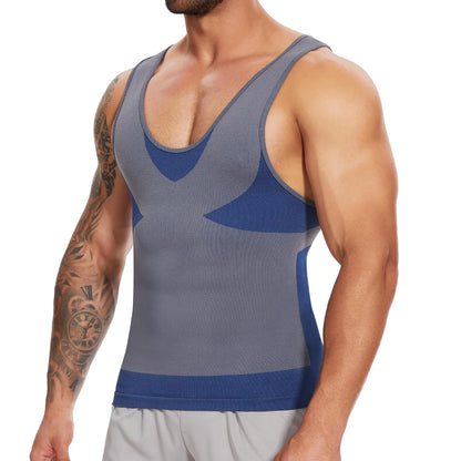 New Men's Shapewear Slimming Body Shaper Horizontal Stripe Compression Band Tummy Control T-Shirt Cross Elastic Workout Top