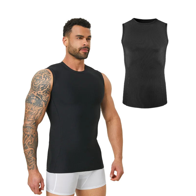 Men's ribbed shapewear vest, slim fitting shirt, breathable and comfortable exercise and fitness abdominal slimming sports vest