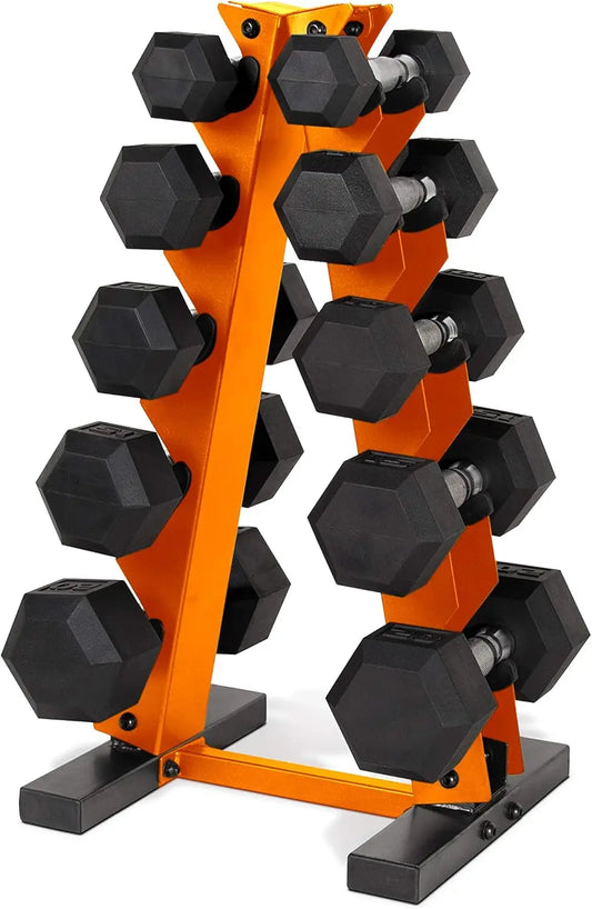 150 LB Coated Hex Dumbbell Weight Set with Vertical Rack | Chrome Handle Multiple Options