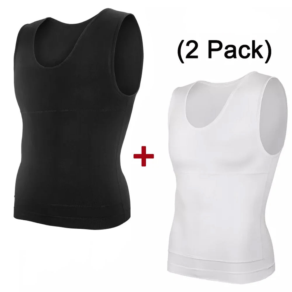 2PCS Men's Slimming Shirts High Compression Tummy Control Round Neck Body Shaper Top