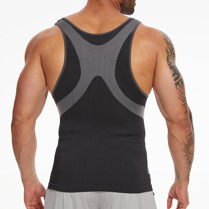 New Men's Shapewear Slimming Body Shaper Horizontal Stripe Compression Band Tummy Control T-Shirt Cross Elastic Workout Top