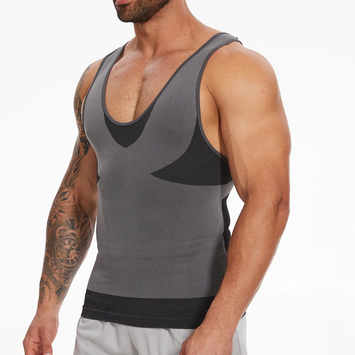 New Men's Shapewear Slimming Body Shaper Horizontal Stripe Compression Band Tummy Control T-Shirt Cross Elastic Workout Top