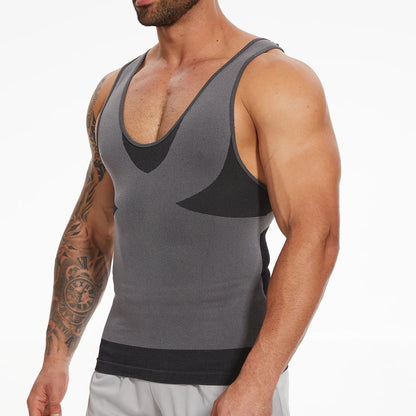 New Men's Shapewear Slimming Body Shaper Horizontal Stripe Compression Band Tummy Control T-Shirt Cross Elastic Workout Top