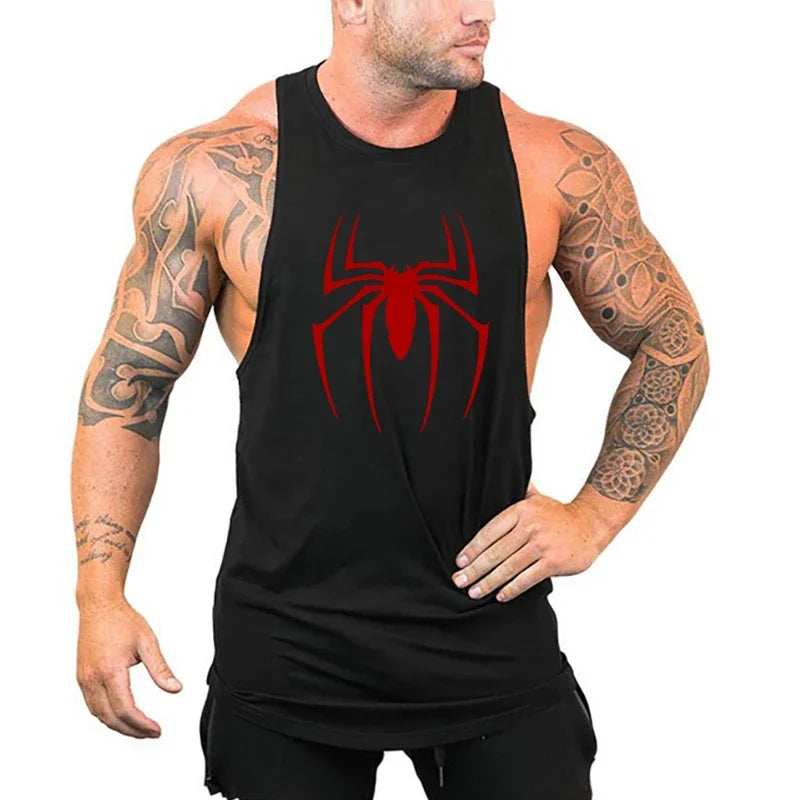 Red Spider Printed Running Tank Tops Gym Fitness Cotton Breathable Sleeveless T-Shirt Mens Bodybuilding Loose Training Clothing
