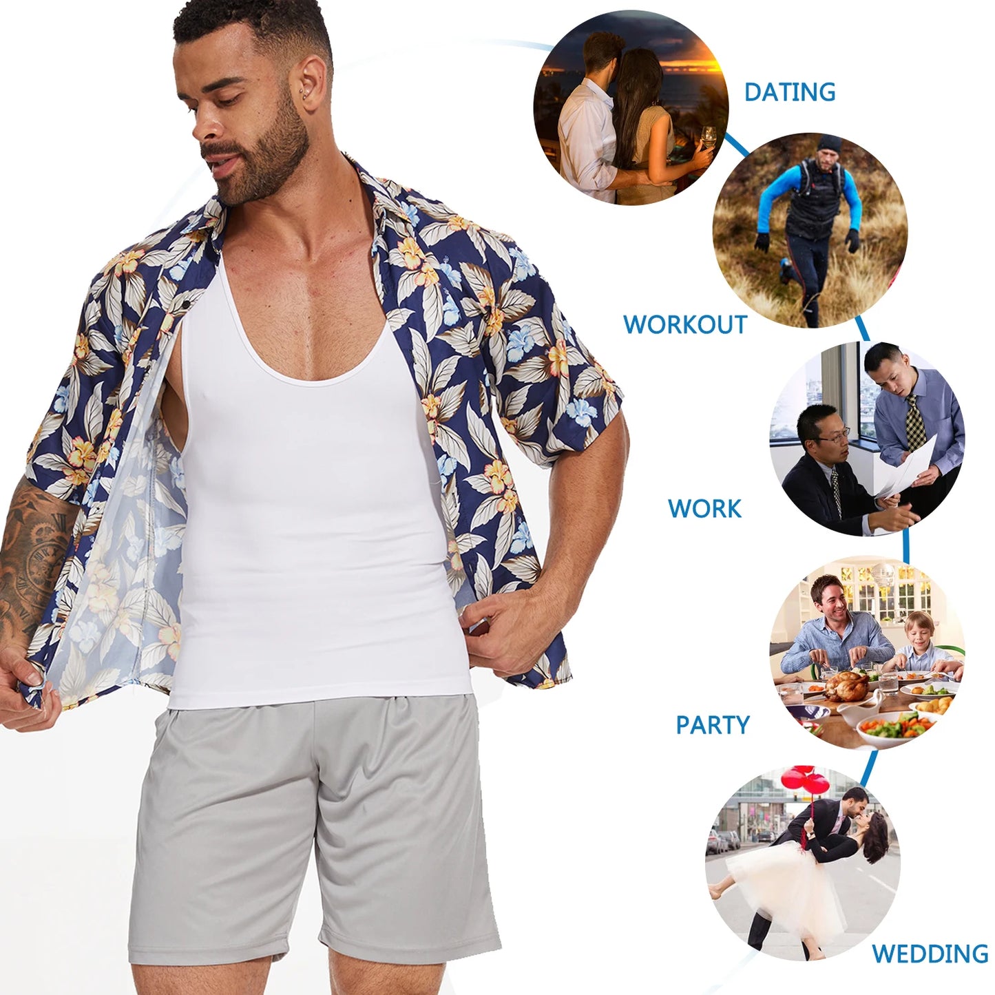 New Men's Shapewear Slimming Body Shaper Horizontal Stripe Compression Band Tummy Control T-Shirt Cross Elastic Workout Top