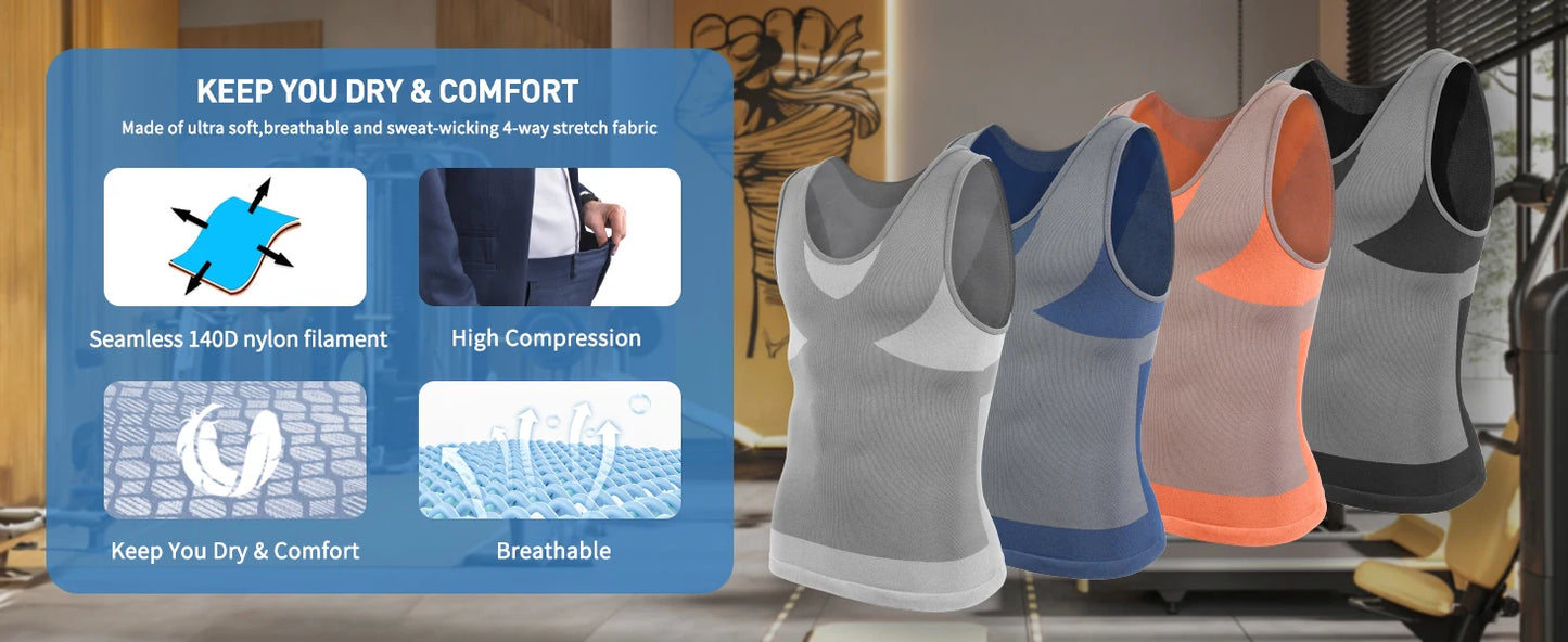 New Men's Shapewear Slimming Body Shaper Horizontal Stripe Compression Band Tummy Control T-Shirt Cross Elastic Workout Top