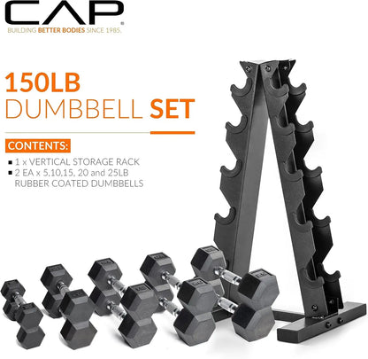 150 LB Coated Hex Dumbbell Weight Set with Vertical Rack | Chrome Handle Multiple Options