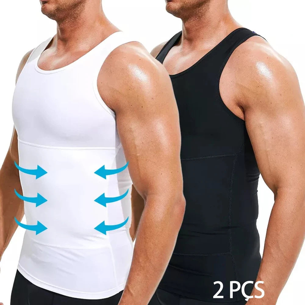 2PCS Men's Slimming Shirts High Compression Tummy Control Round Neck Body Shaper Top