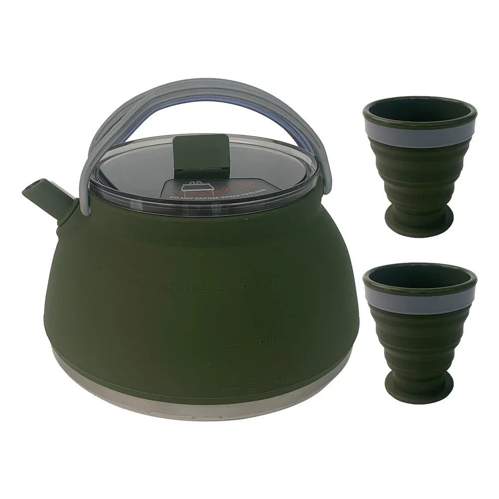 1.5/1L Foldable Silicone Kettle with Handle Outdoor Collapsible Kettle Stainless Steel Bottom Water Pot for Campting Backpacking