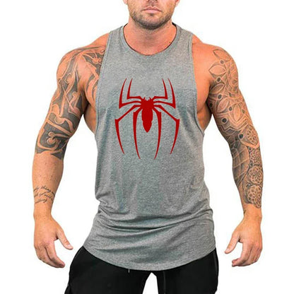 Red Spider Printed Running Tank Tops Gym Fitness Cotton Breathable Sleeveless T-Shirt Mens Bodybuilding Loose Training Clothing