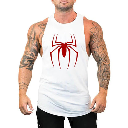 Red Spider Printed Running Tank Tops Gym Fitness Cotton Breathable Sleeveless T-Shirt Mens Bodybuilding Loose Training Clothing