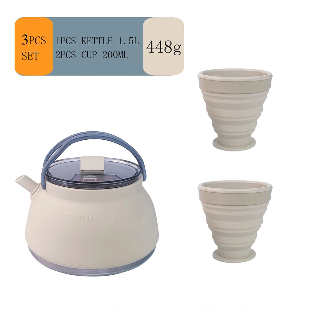 1.5/1L Foldable Silicone Kettle with Handle Outdoor Collapsible Kettle Stainless Steel Bottom Water Pot for Campting Backpacking
