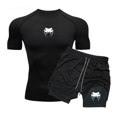 Men Compression Athletic Fitness Wear - Quick-Dry Tight Short-Sleeve Anime Double-Layer Shorts Summer Set Fitness Running Set