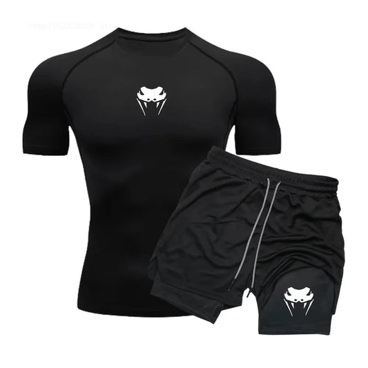Men Compression Athletic Fitness Wear - Quick-Dry Tight Short-Sleeve Anime Double-Layer Shorts Summer Set Fitness Running Set