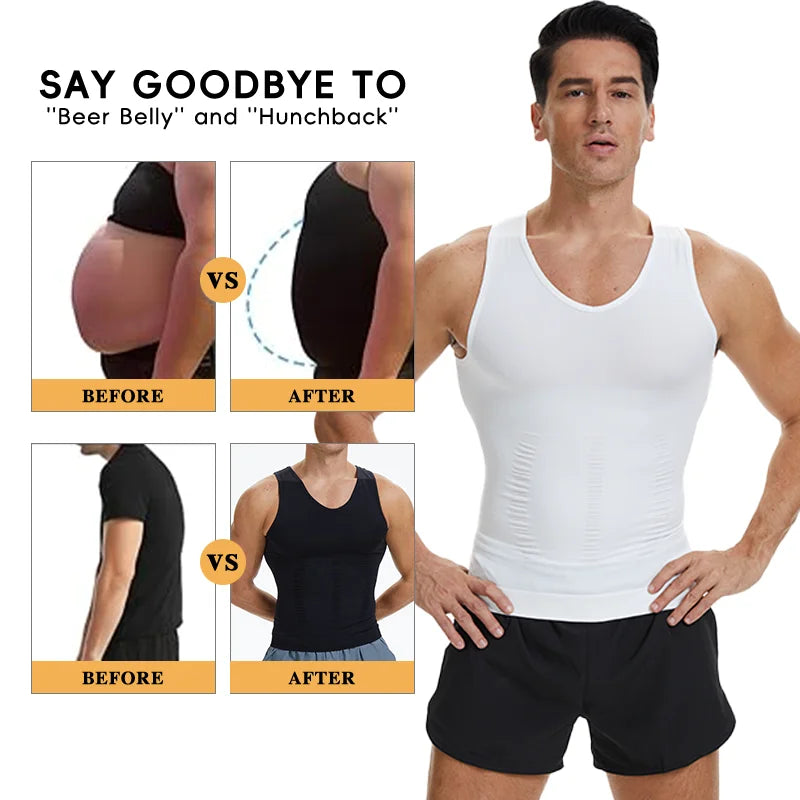 Men V Neck Compression Vest Slimming Body Shaper Abs Abdomen Workout Tank Top Sleeveless Shapewear Belly Control Shirt