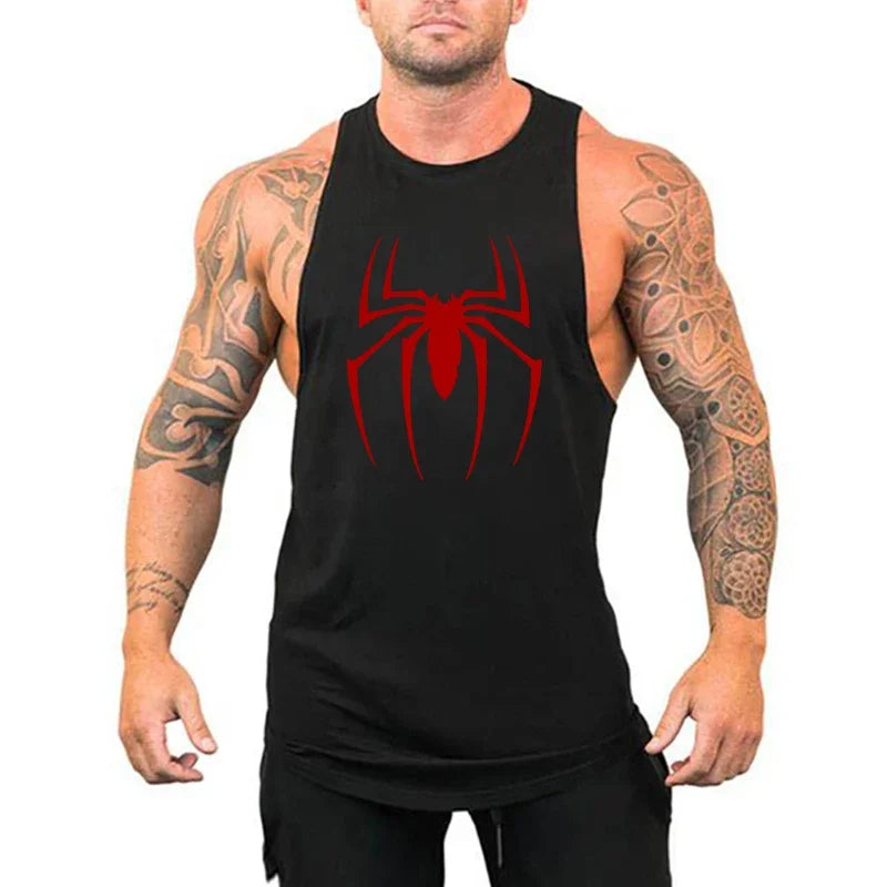Red Spider Printed Running Tank Tops Gym Fitness Cotton Breathable Sleeveless T-Shirt Mens Bodybuilding Loose Training Clothing