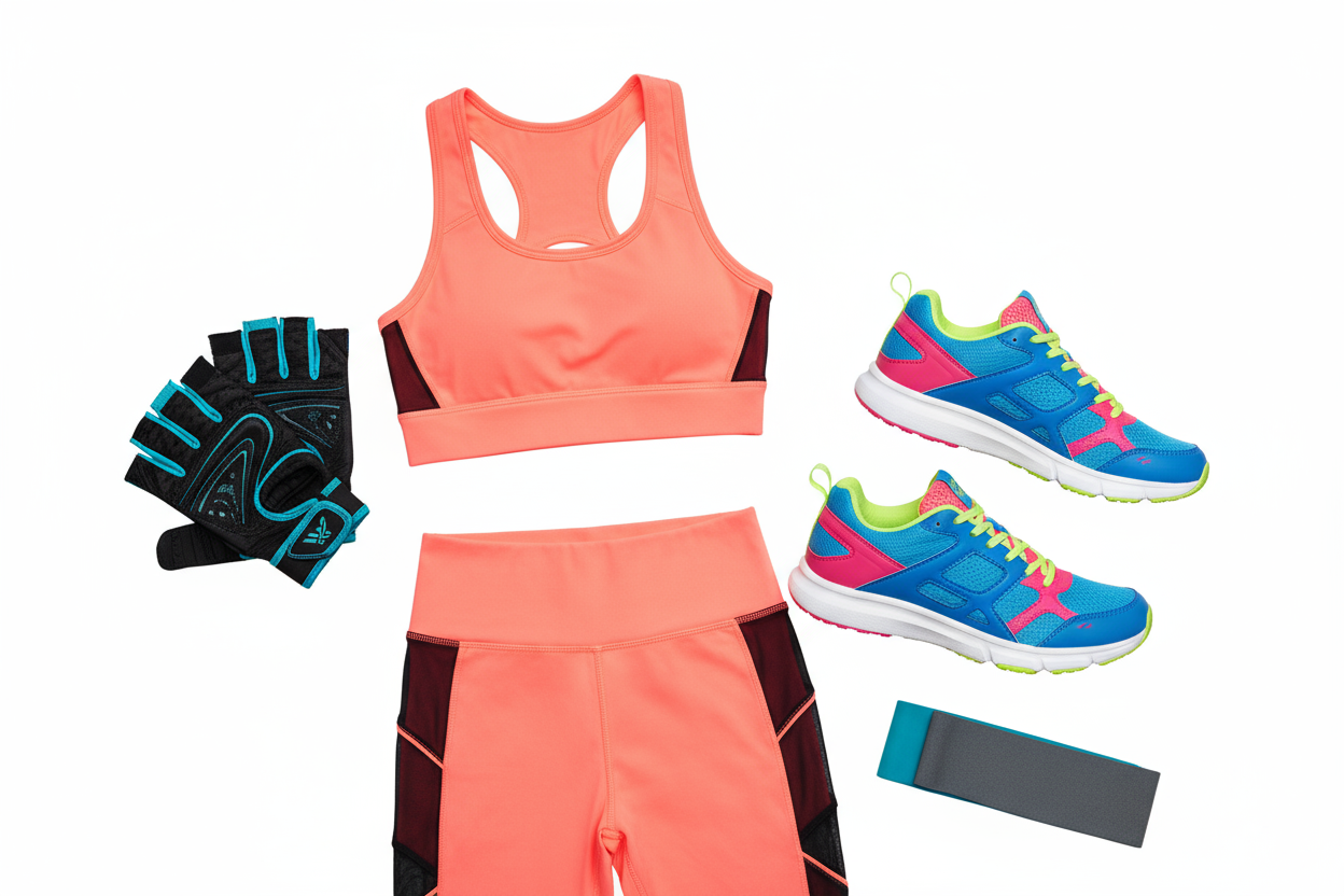 Apparel → workout clothes, gloves, shoes.
