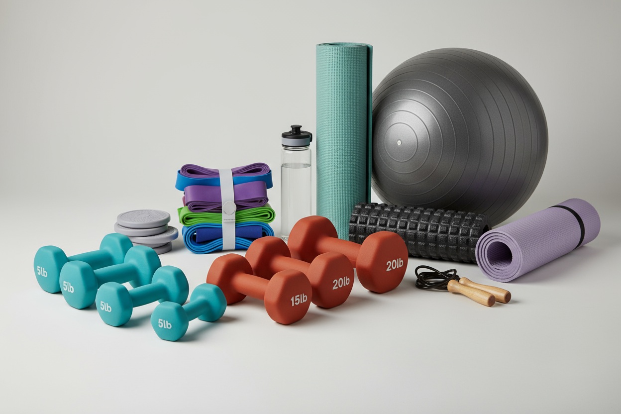 Equipment → dumbbells, resistance bands, yoga mats, etc.